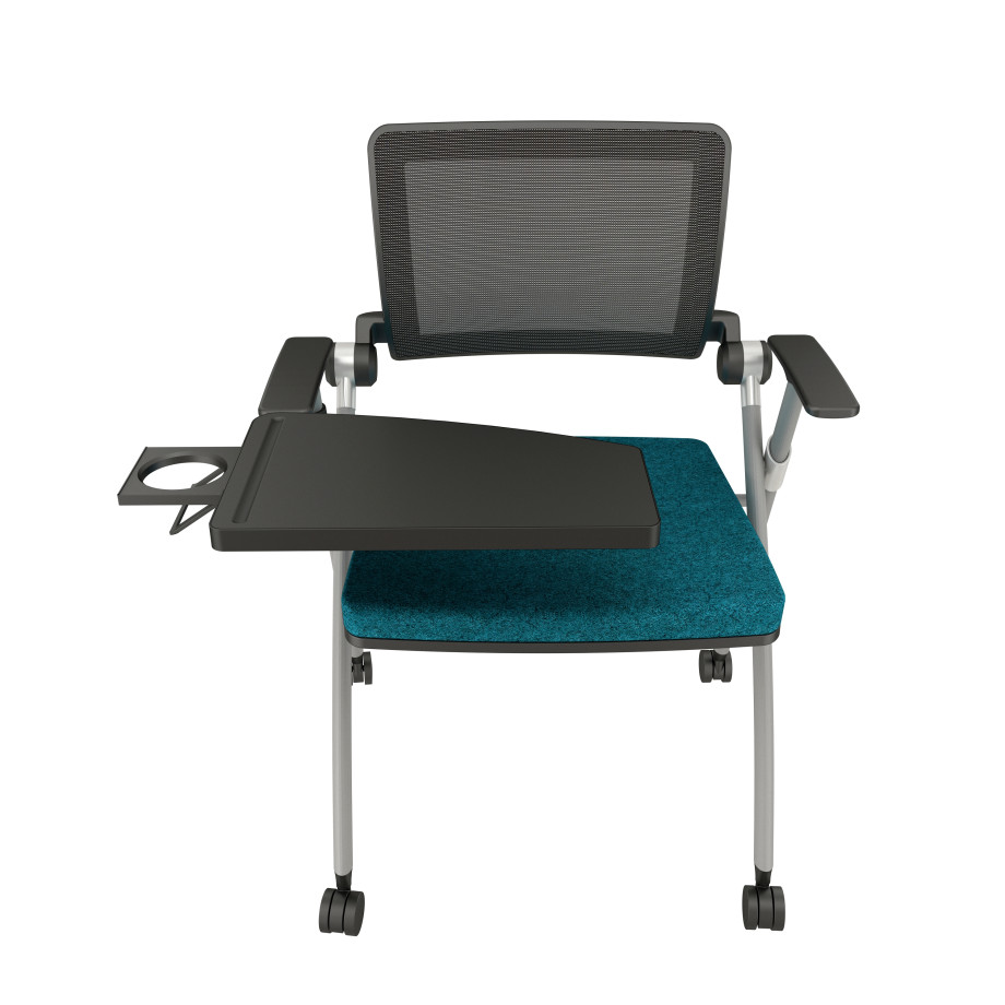 Preview of Stow with Silver Frame with Arms, Casters, and Tablet with Black-Black Striped Mesh, Camira Blazer Abertay Fabric; Front View