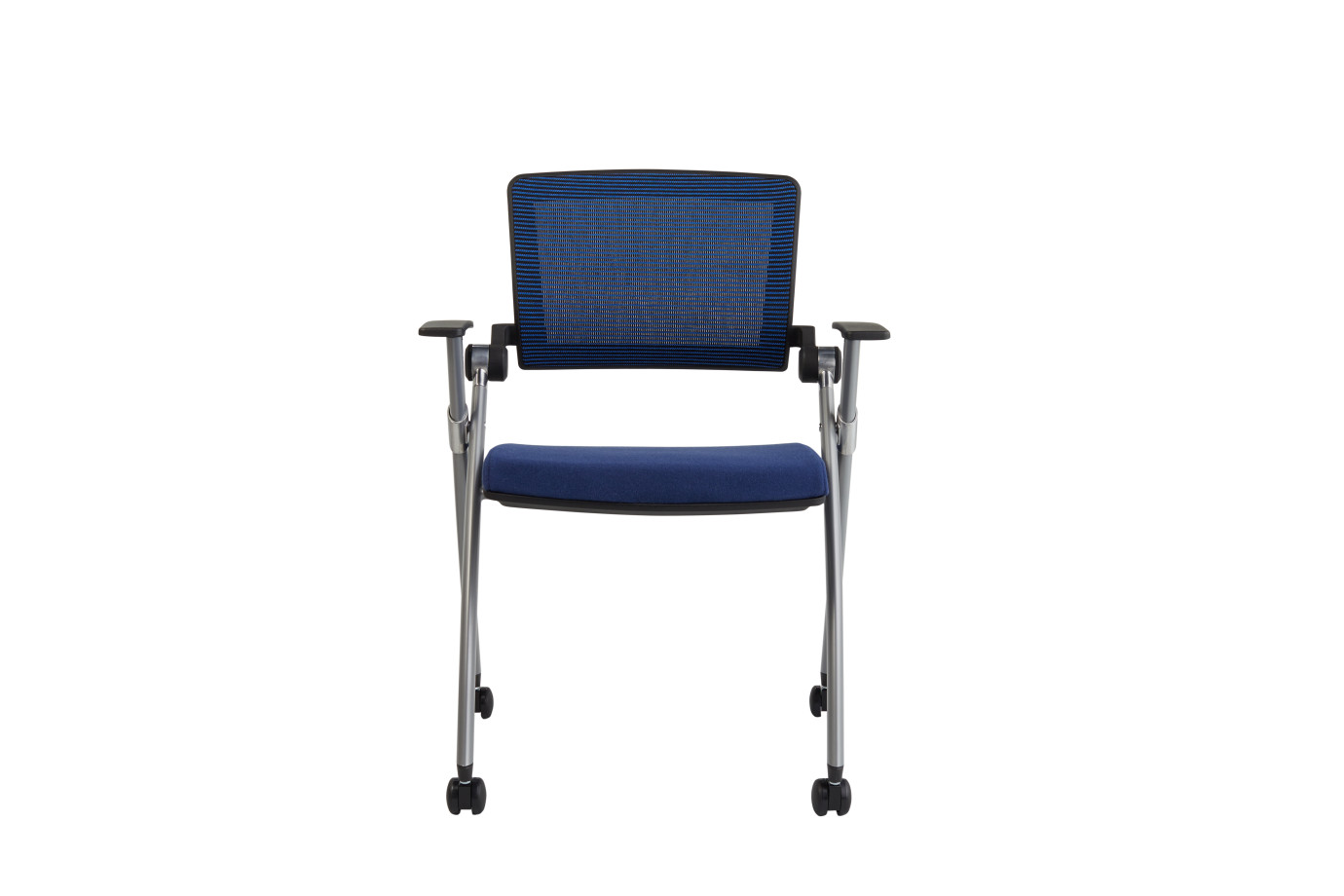 Preview of Stow Seating on casters with Blue Mesh, Camira Blazer Edinburgh seat, front view