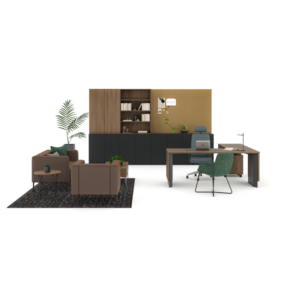 Preview of Calibrate, Telescoping End Panel Base, Freestanding, Height Adjustable Desk, Mobile Ped, Storage, Tackboard, Bolton Executive, Ardyn Low-back, Talia Desk Light, Chic Lounge, Prisma Side Table