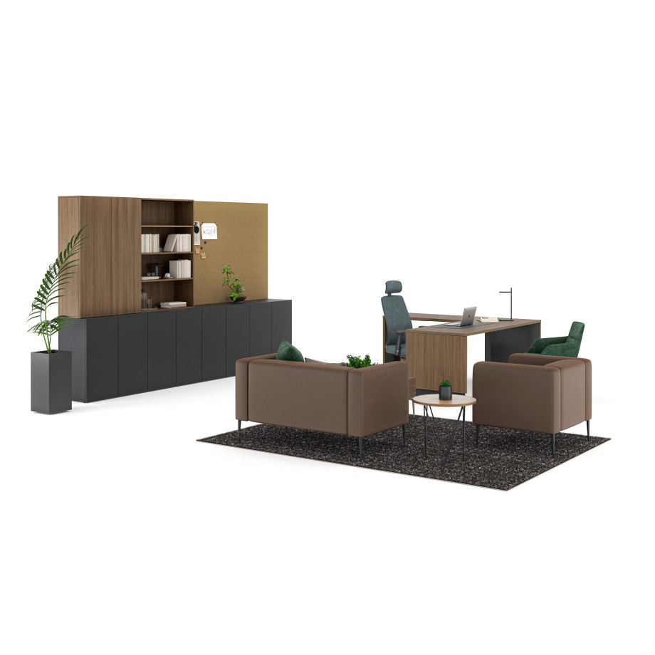 Preview of Calibrate, Telescoping End Panel Base, Freestanding, Height Adjustable Desk, Mobile Ped, Storage, Tackboard, Bolton Executive, Ardyn Low-back, Talia Desk Light, Chic Lounge, Prisma Side Table