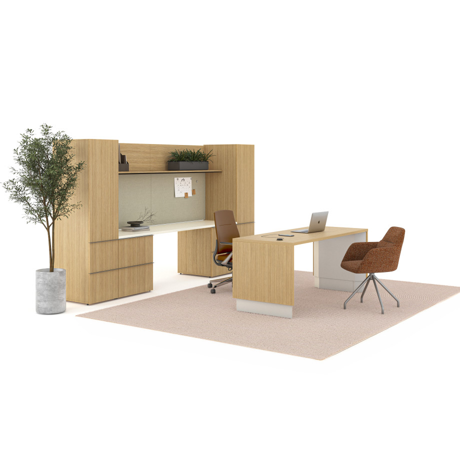 Preview of Calibrate Height-Adjustable Desk, Calibrate Telescoping End Panel Base, Calibrate Storage, Tackboards, Wireless Charger, Auburn, Juggle