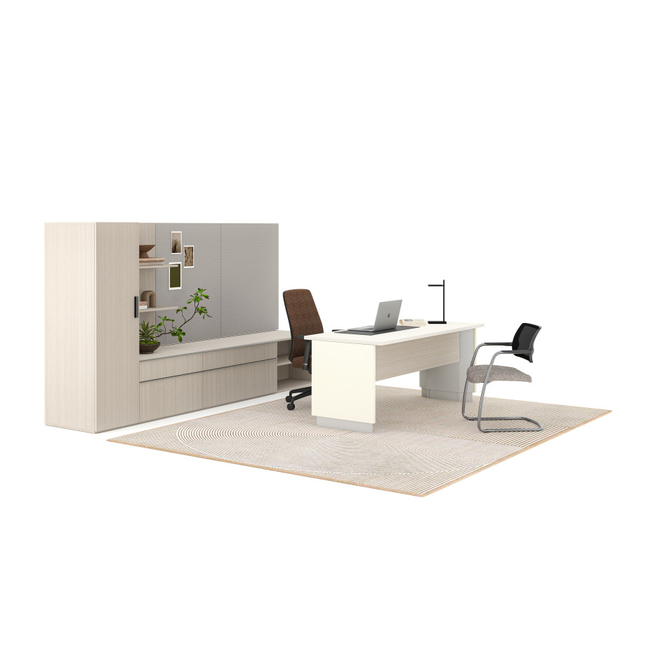 Preview of Calibrate Height-Adjustable Desk, Calibrate Telescoping End Panel Base, Calibrate Storage, Tackboards, Bolton High-Back, Devens Side, Talia Desk Light