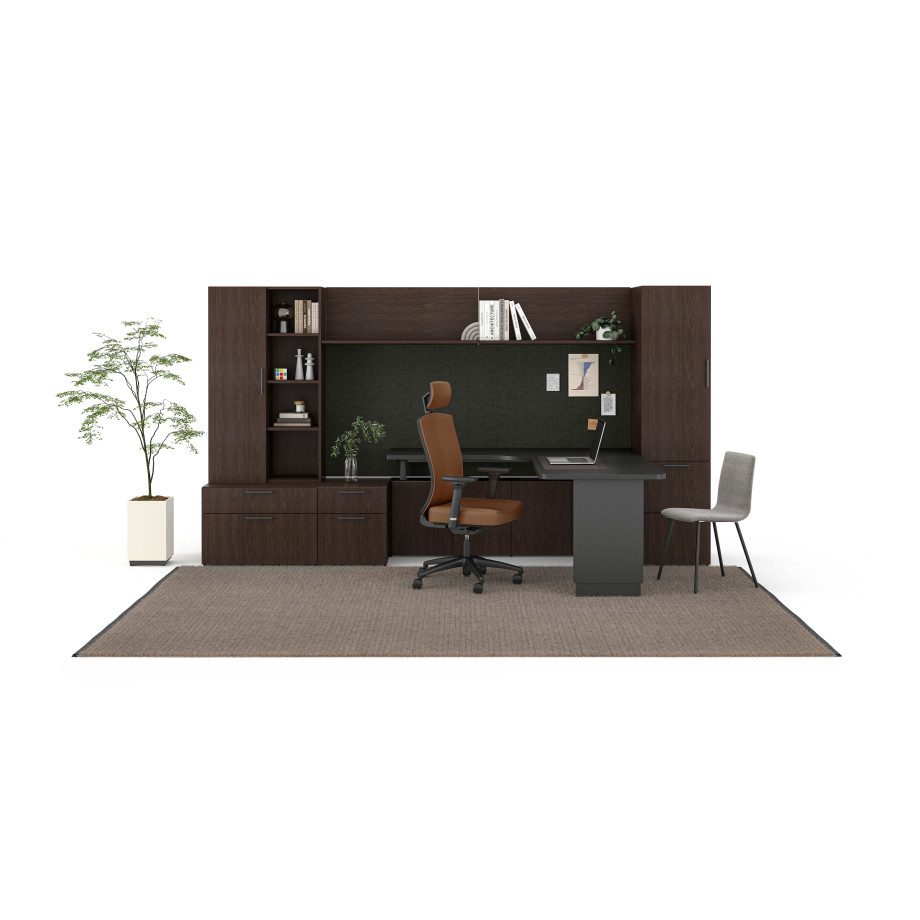 Preview of Calibrate Telescoping End Panel Base, Calibrate Height-Adjustable Desk, Calibrate Storage, Tackboards, Natick Executive, Itzee Side