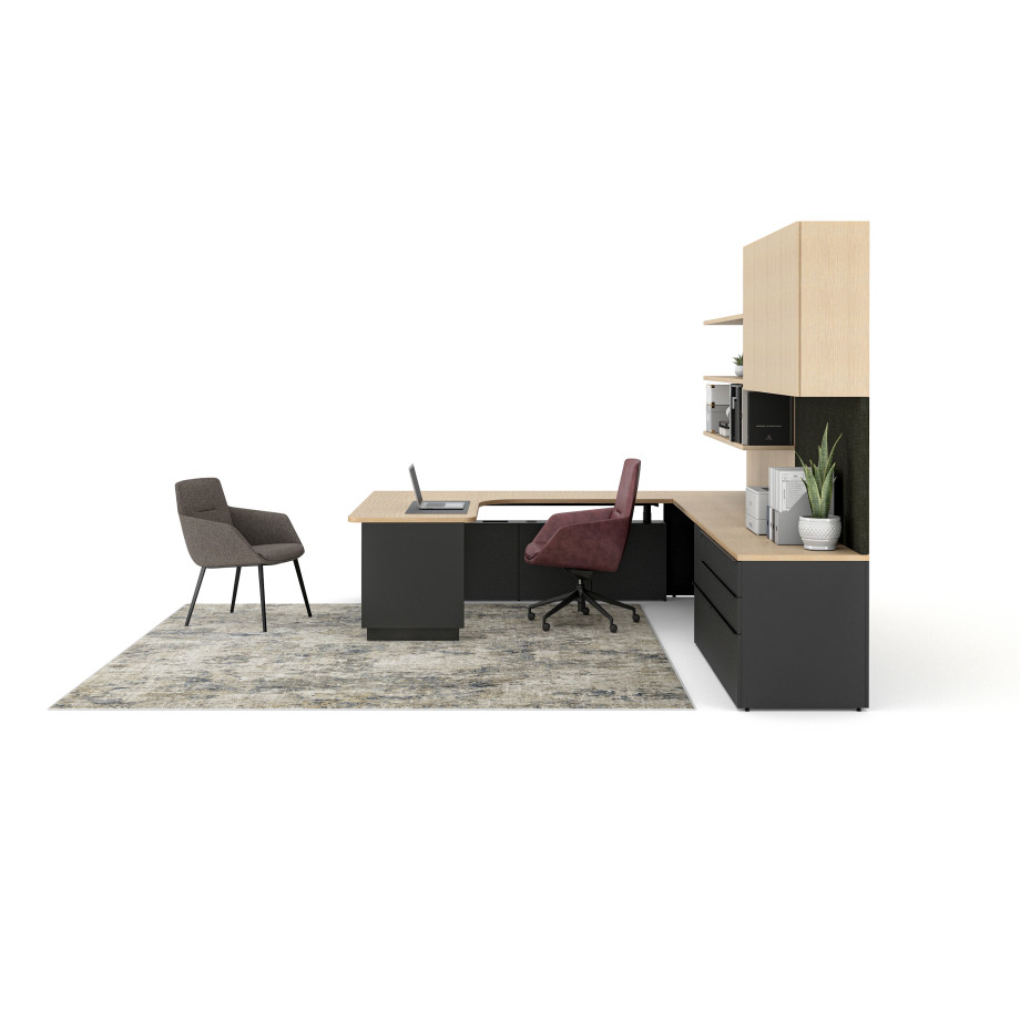 Preview of Calibrate Height-Adjustable Desk, Calibrate Telescoping End Panel Base, Calibrate Storage, Tackboards, Adryn Mid-Back, Ardyn Low-Back