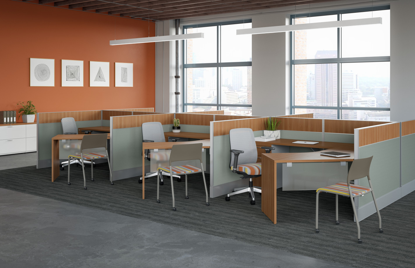Preview of Divi Linear Open Plan Panel System Six Pack of Workstations and 120 degree worksurfaces with Bolton and Pierce Seating