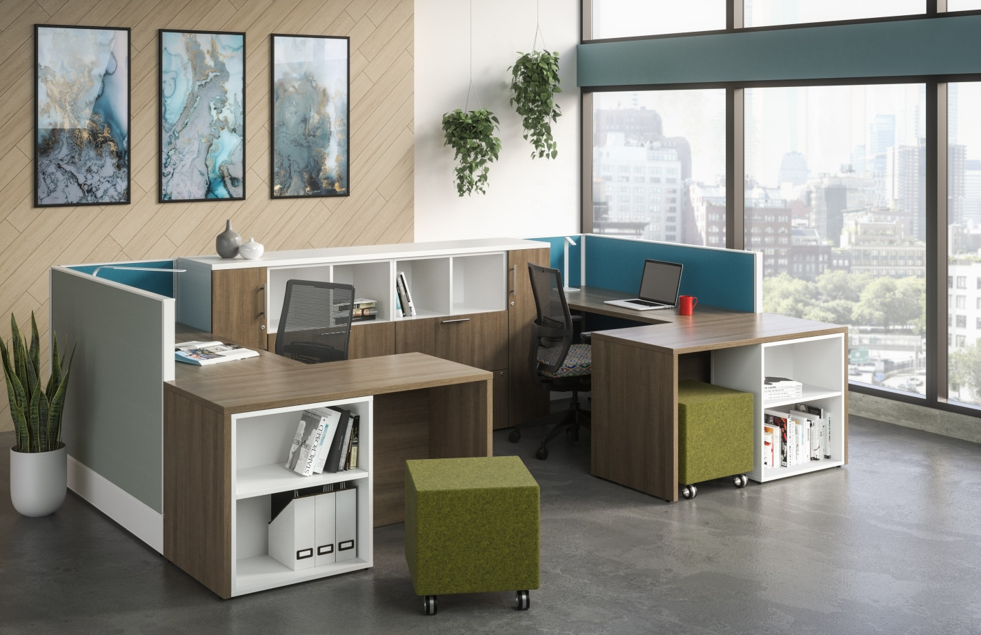 Preview of Divi Linear Open Plan Panel System with linear trim, Shared Workstation with Calibrate Storage, Lim Lighting, Devens Task Seating, and Volker impromptu guest seating