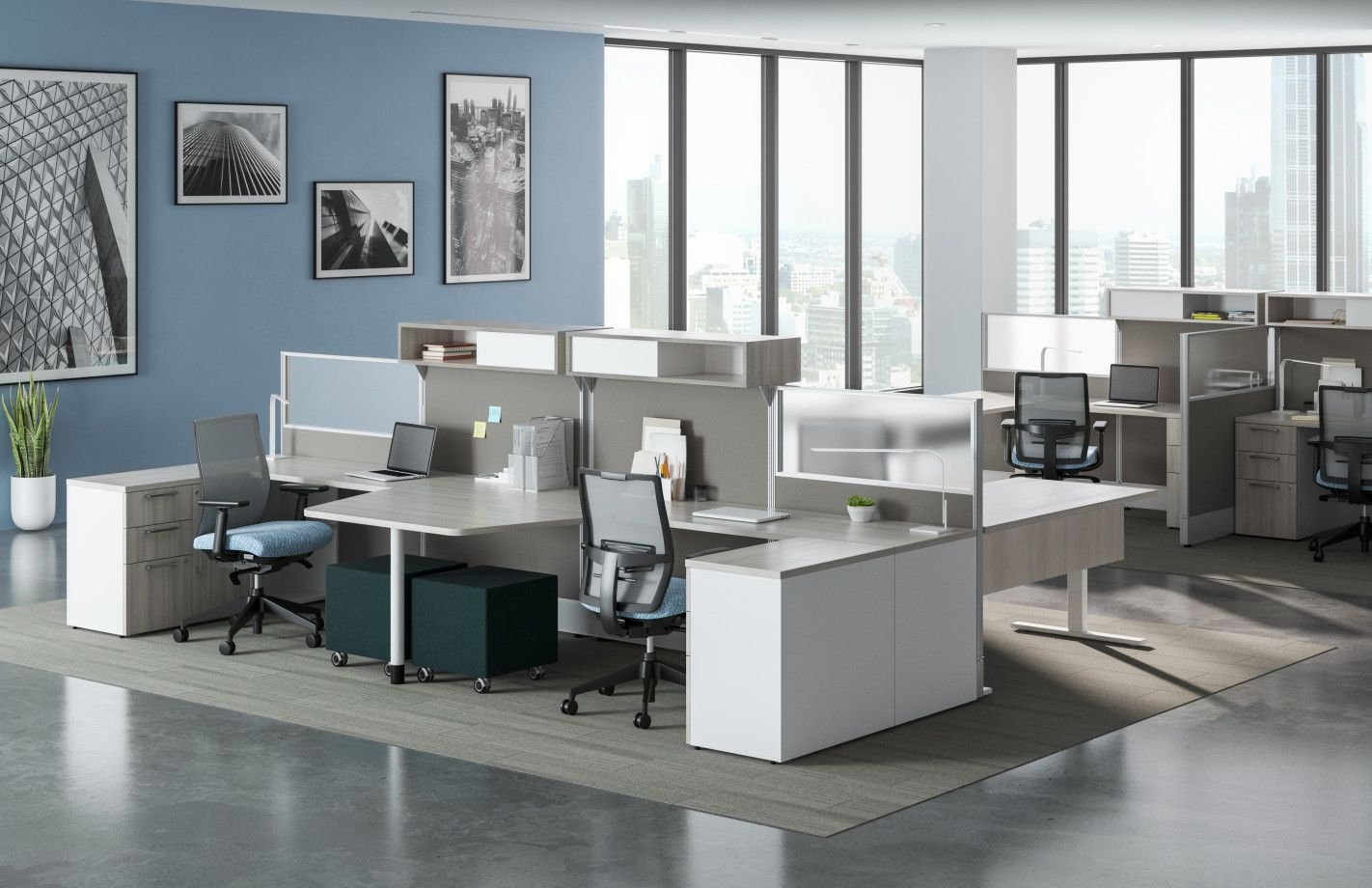Preview of Divi Linear Open Plan Panel System with linear trim and keytop worksurface, Calibrate storage, and Devens Task Seating