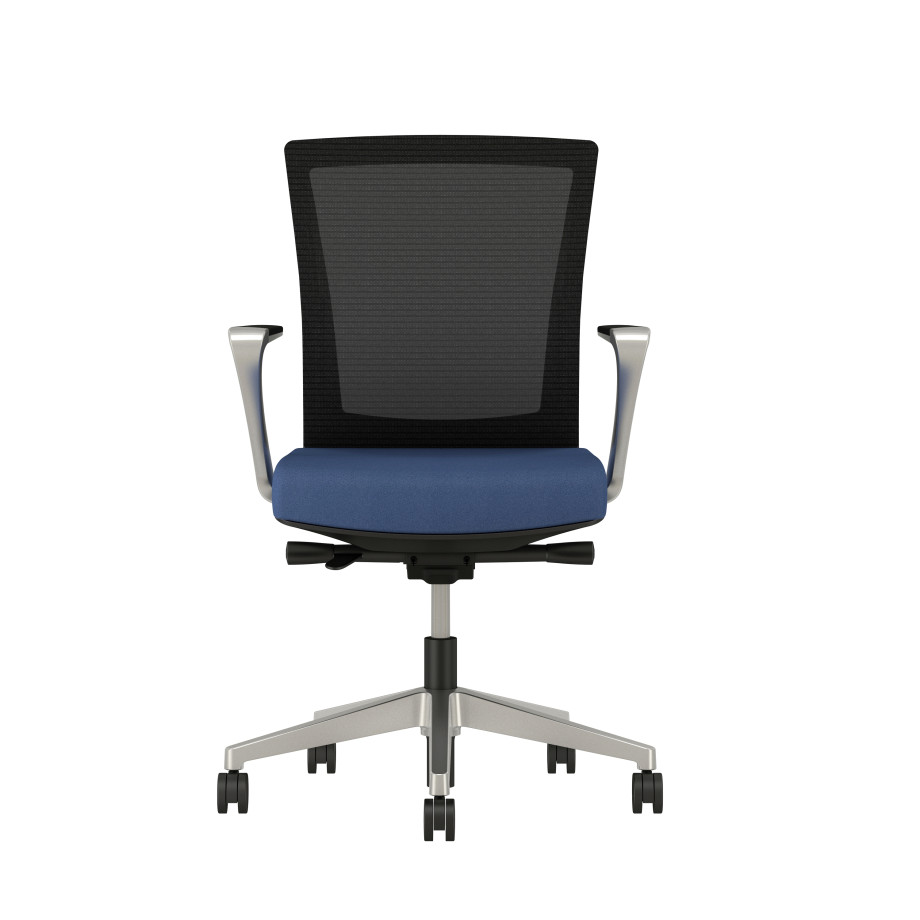 Preview of Upton with Aluminum Base, Fixed Arms, Black frame, Black-black striped mesh with Alta Mirage Upholstery in Dynamo, front view