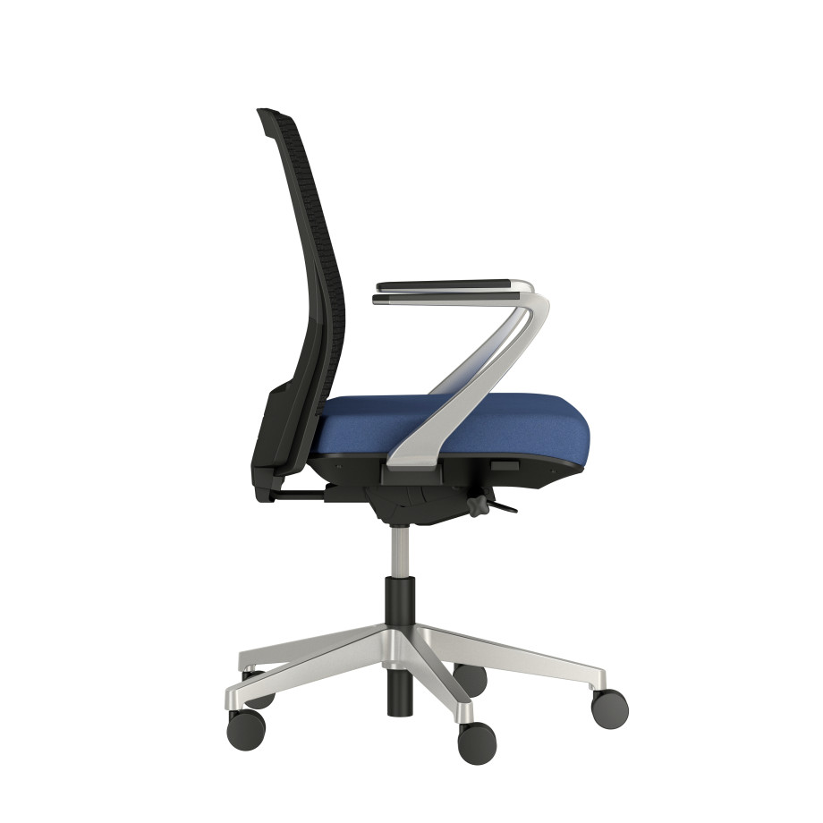 Preview of Upton with Aluminum Base, Fixed Arms, Black frame, Black-black striped mesh with Alta Mirage Upholstery in Dynamo, sde view