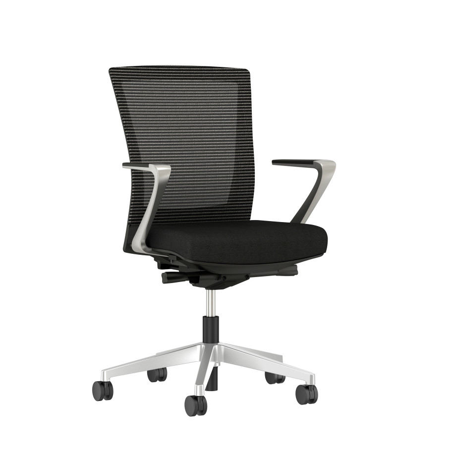 Preview of Upton with Aluminum Base, Fixed Arms, Black frame, Black-black striped mesh with Alta Mirage Upholstery in Black, 3/4view