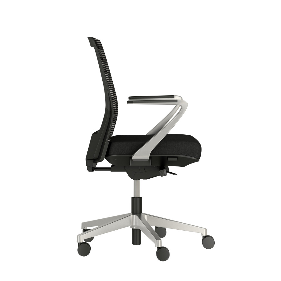 Preview of Upton with Aluminum Base, Fixed Arms, Black frame, Black-black striped mesh with Alta Mirage Upholstery in Black, sideview