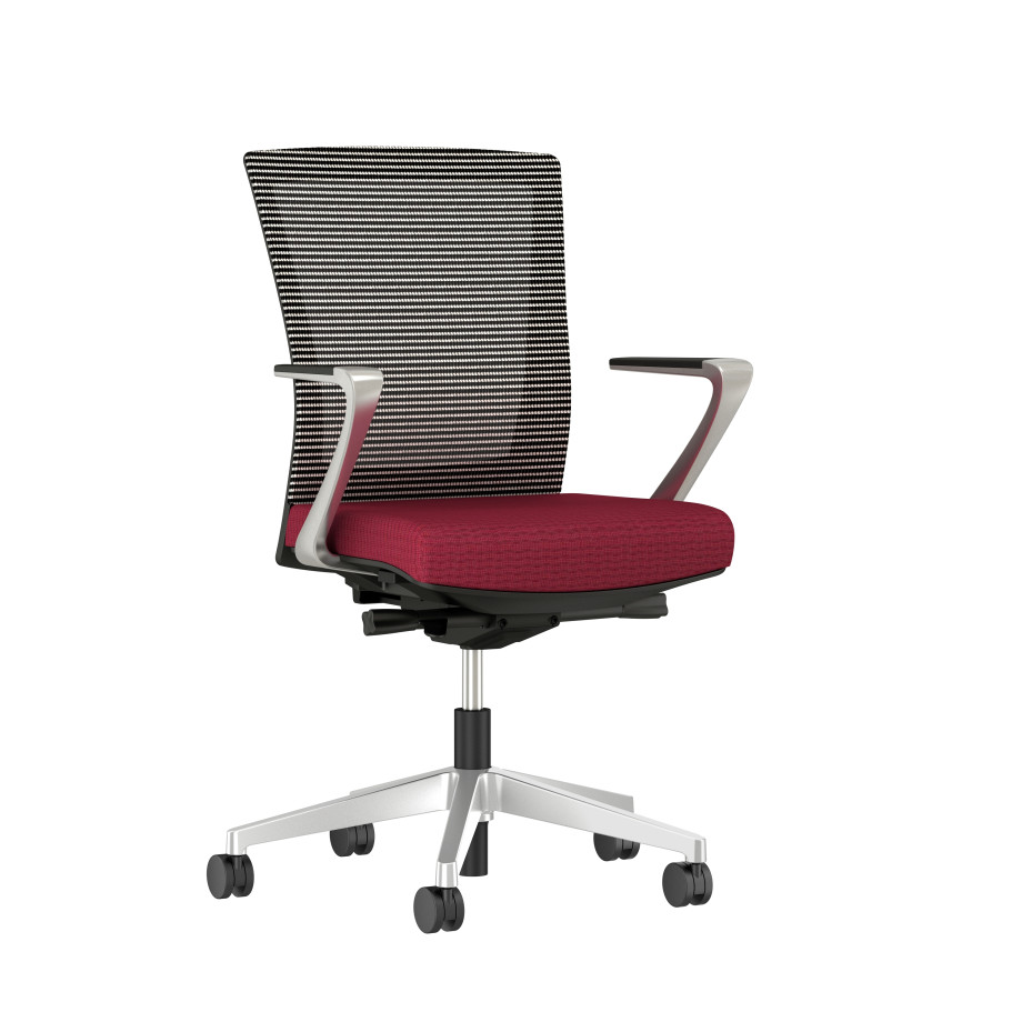 Preview of Upton with Aluminum Base, Fixed Arms, Black frame, white-black striped mesh with Alta Sway Upholstery in and Shout, 3/4 view