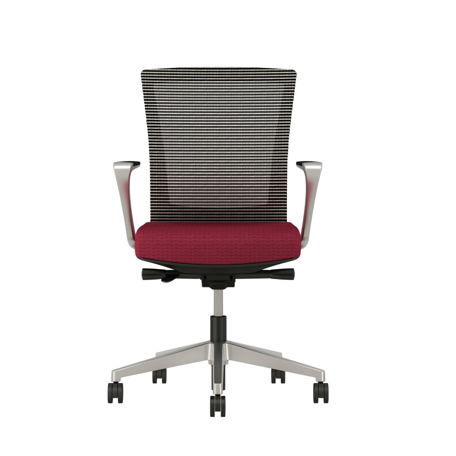 Preview of Upton with Aluminum Base, Fixed Arms, Black frame, white-black striped mesh with Alta Sway Upholstery in And Shout, front view