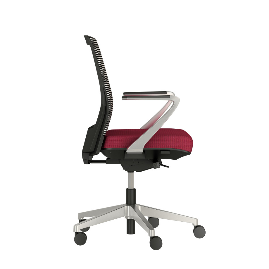 Preview of Upton with Aluminum Base, Fixed Arms, Black frame, White-black striped mesh with Alta Sway Upholstery in and Shout, side view
