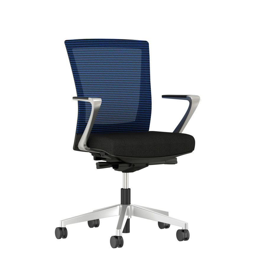 Preview of Upton with Aluminum Base, Fixed Arms, Black frame, Blue-black striped mesh with Alta Mirage Upholstery in Black, 3/4 view