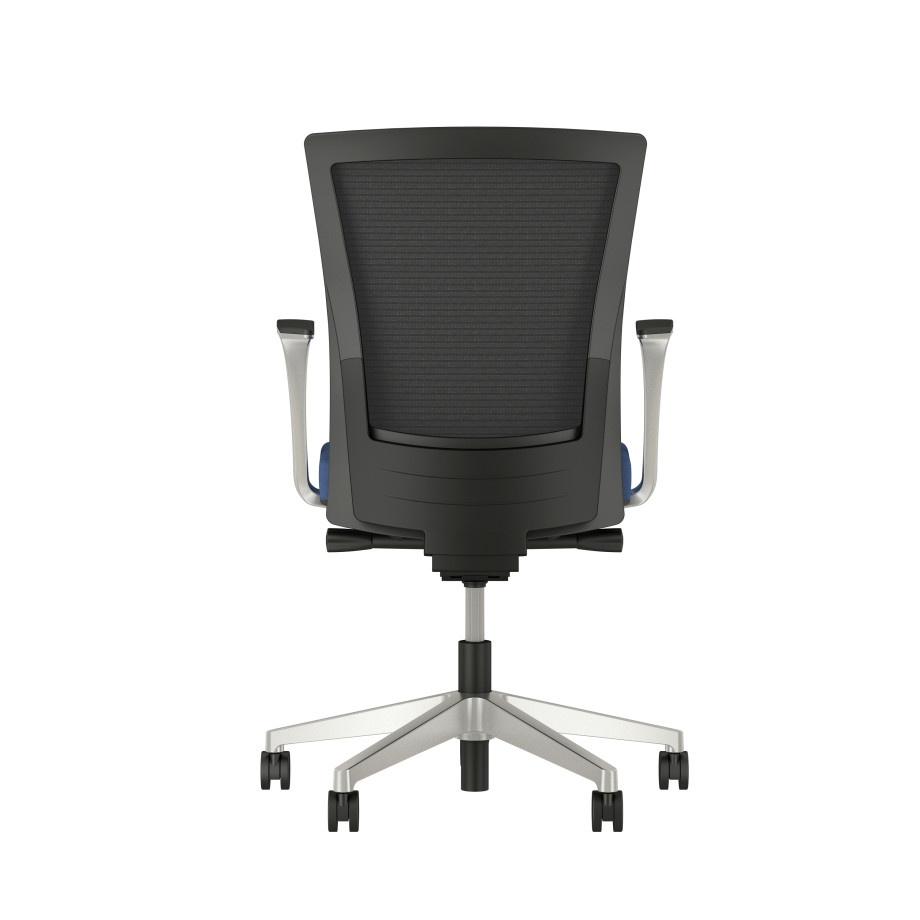 Preview of Upton with Aluminum Base, Fixed Arms, Black frame, Black-black striped mesh with Alta Mirage Upholstery in Dynamo, back view
