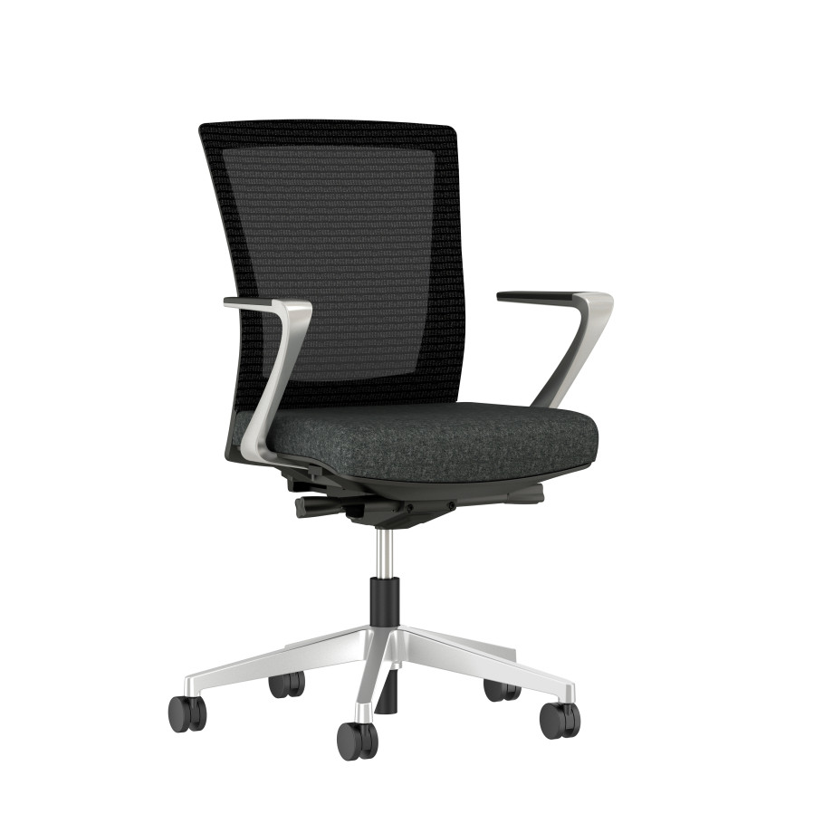 Preview of Upton with Aluminum Base, Fixed Arms, Black frame, Black mesh with Camira Blazer Upholstery in Silocates, 3/4 view