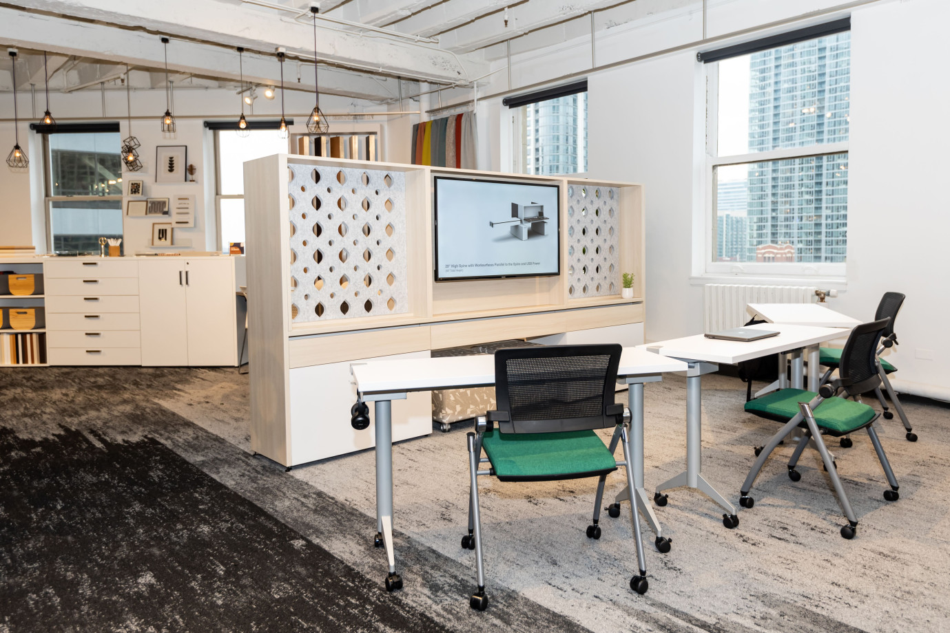 Preview of NeoCon 2021 Calibrate Community 66” Workwall with Custom PET inserts and 18” Deep Day-to-Day Flip-top training tables