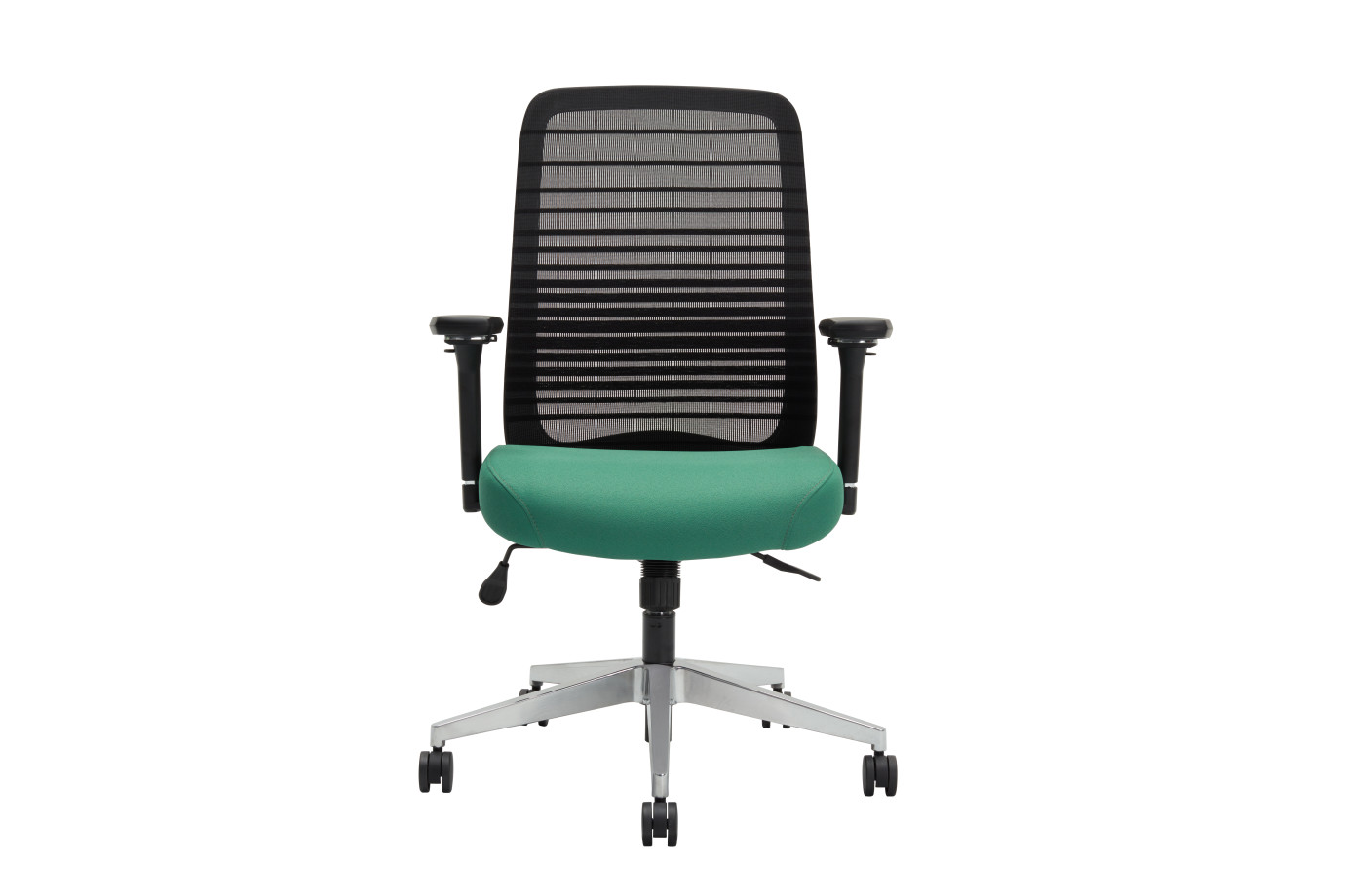 Preview of Bolton Mid Back with aluminum base, black frame and graduated black mesh with Alta Mirage Parrot seat, front view