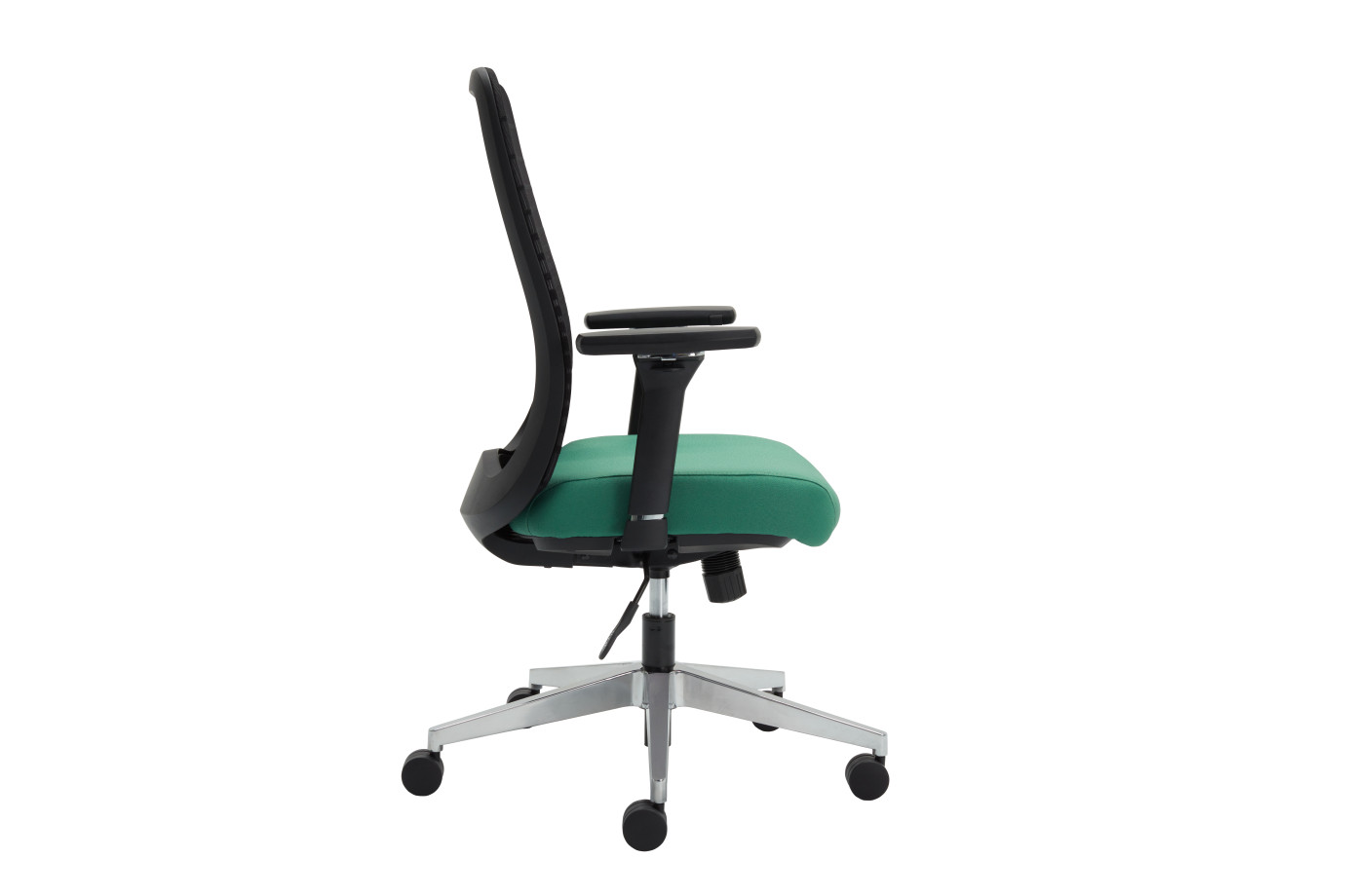 Preview of Bolton Mid Back with aluminum base, black frame and graduated black mesh with Alta Mirage Parrot Seat; side view