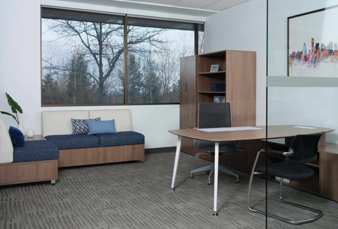 Preview of Calibrate Casegoods with Devens Seating and Side chair.&nbsp; Also shown with LB Lounge seating.