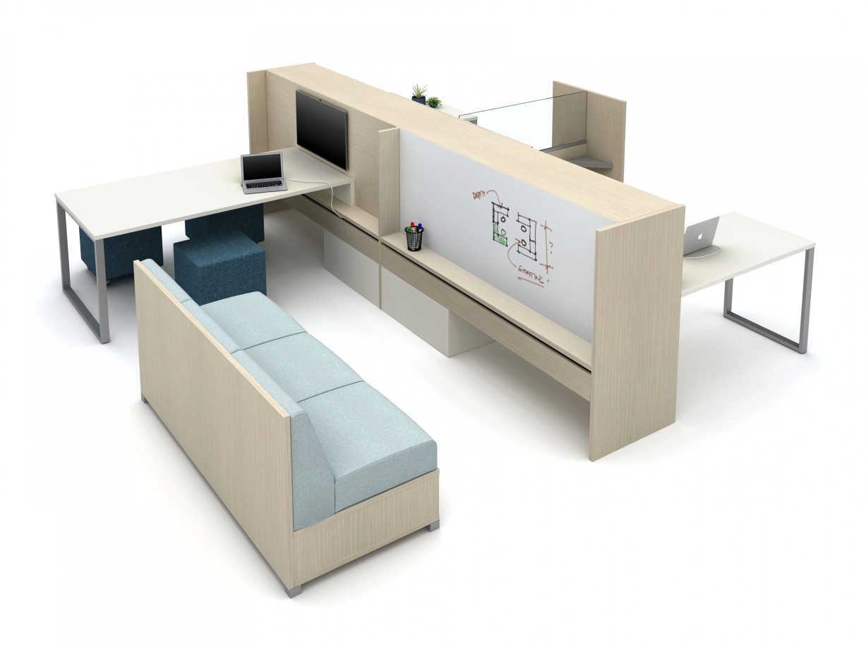 Preview of Calibrate Community with O-Leg Worksurfaces, Whiteboard extended spine with LB Lounge 
