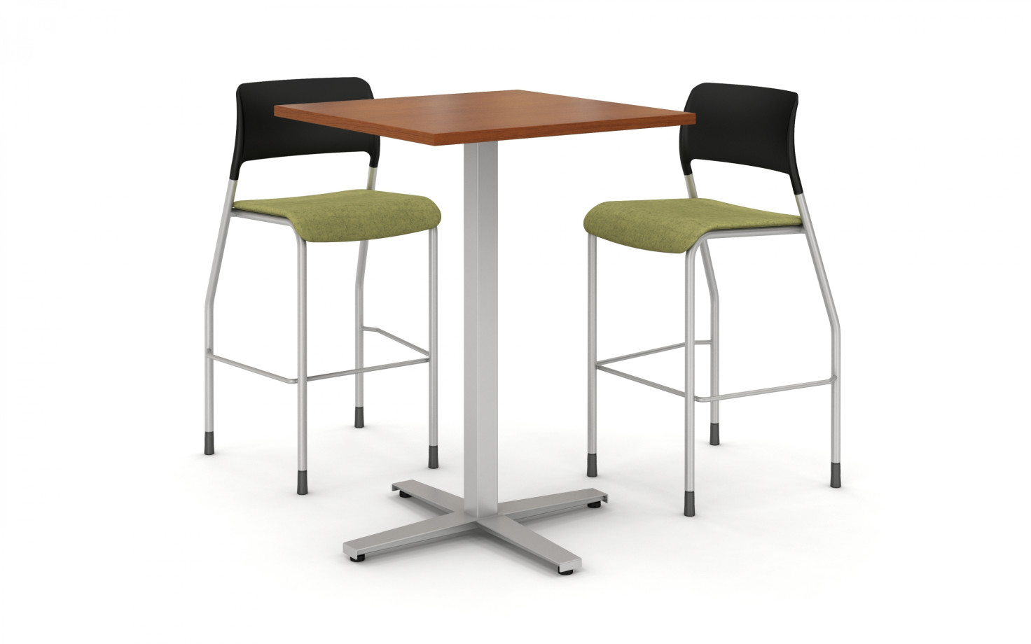 Preview of Day to Day Tall Table with Square 2mm edge top with X-base, shown with Pierce Stools