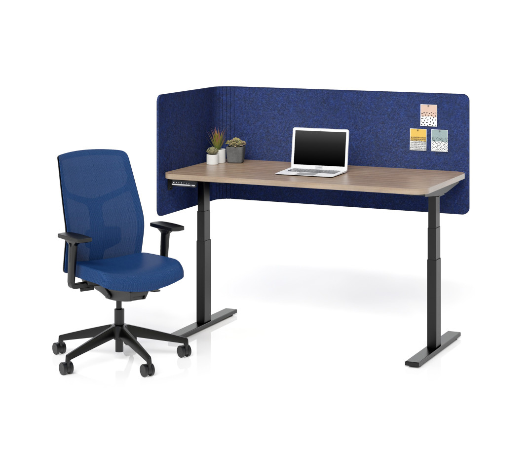 Preview of Height Adjustable Table with Radius Corners and Radius Corner PET L-Wrap Screen, shown with Chelsea in 3D Knit Navy