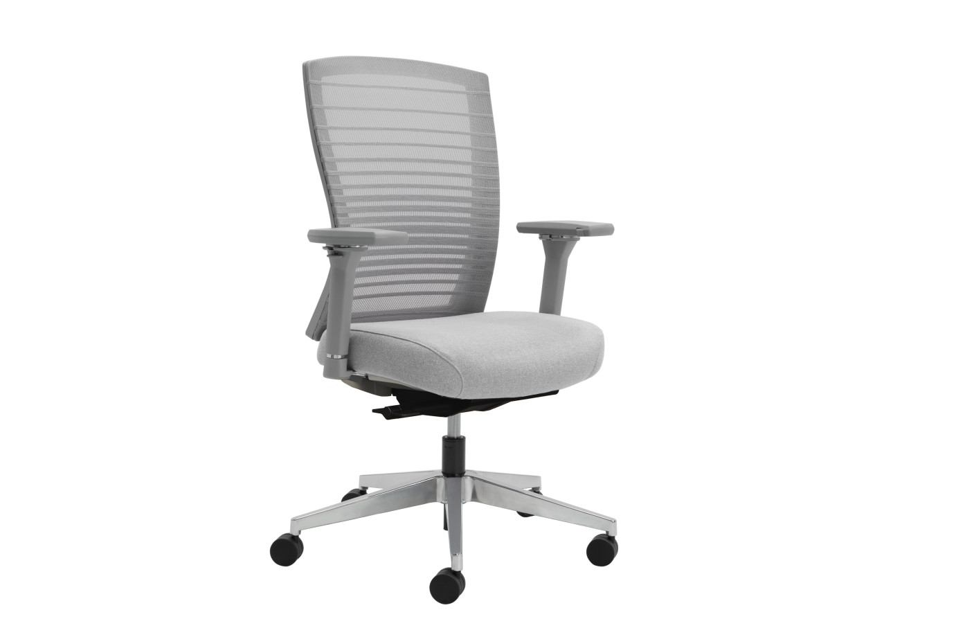 Preview of Natick with polished aluminum base, 4D Arms, grey Graduated/Striped mesh and Camira Blazer Dartmouth fabric seat, front left view
