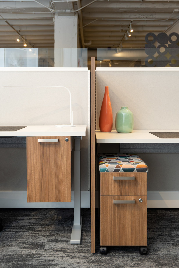 Preview of NeoCon 2021 Calbirate Storage Suspended Pedestal and 12” Wide Pedestal.&nbsp; Separated by Divi Gallery Panel.