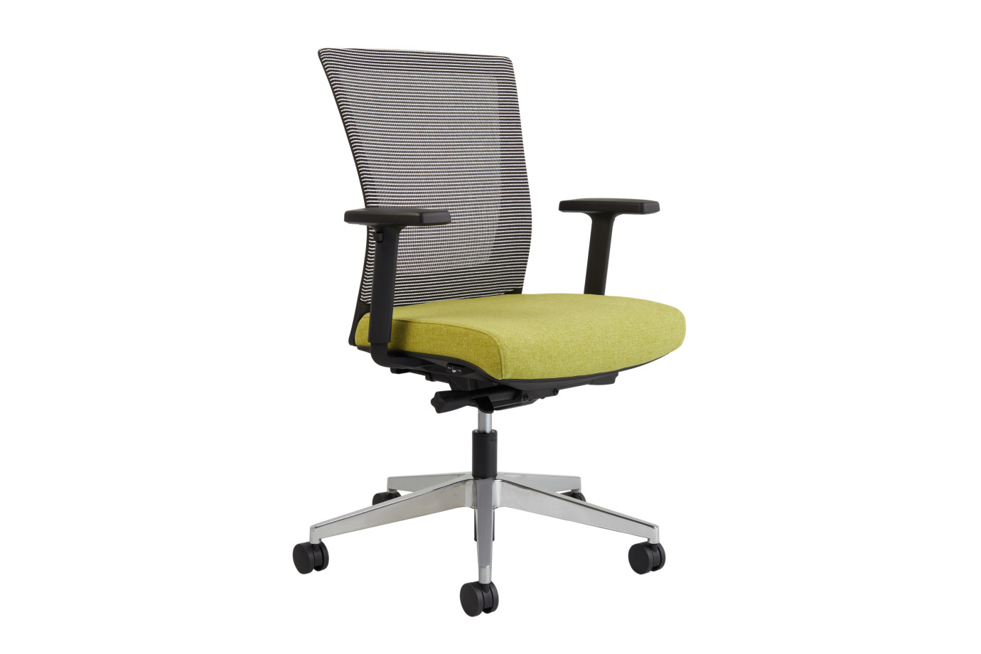 Preview of Upton task chair with aluminum base, white-black striped mesh back, Camira Blazer Dunhurst seat, 3/4 view