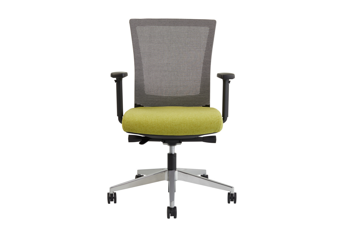 Preview of Upton task chair with aluminum base, white-black striped mesh back, Camira Blazer Dunhurst seat, front view