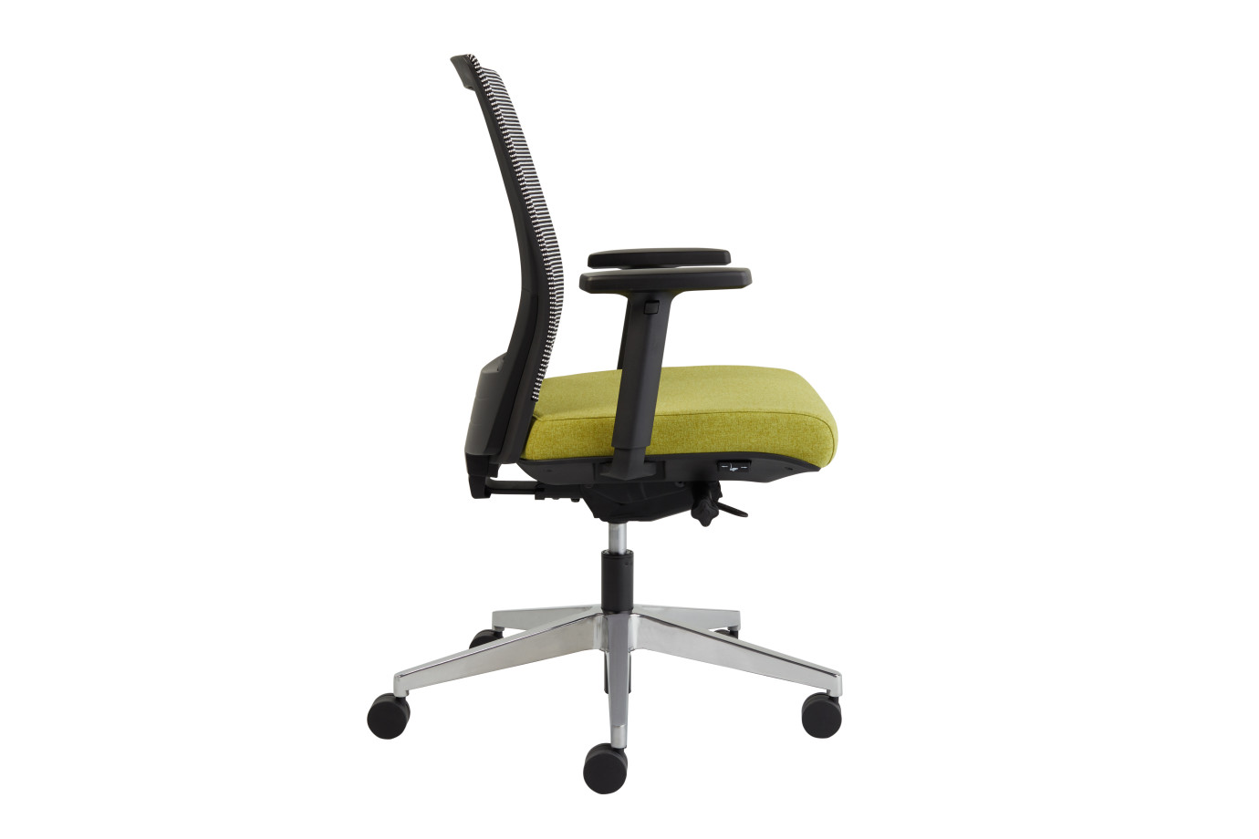 Preview of Upton task chair with aluminum base, white-black striped mesh back, Camira Blazer Dunhurst seat, side view