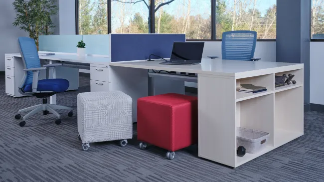 PowerBeam with L Series Files and Calibrate bookcase support, shown with Natick Seating