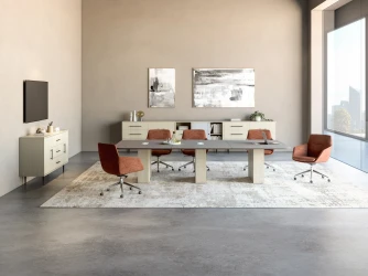 Rhett Credenza with Doors & Center Drawers, Rhett Credenza with Drawers & Sliding Doors, Ardyn Low-back, 5 Star Base, Calibrate Conference Table with Radius Corners