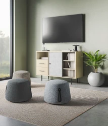 Rhett Credenza with Drawers & Sliding Doors, Soft Round Ottomans