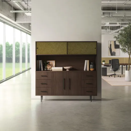 Rhett Hutch with Sliding Doors paired with Credenza with Drawers & Center Doors, Oxygen, L Series Ped, Bolton
