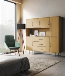 Rhett Hutch with Doors paired with Credenza with Doors and Center Drawers, Adryn Mid-back, 4-Leg Wood Base