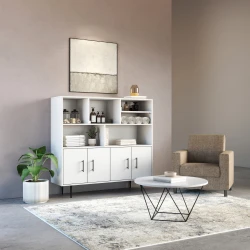 Rhett Hutch with Bookcase paired with Credenza with Doors, Prisma Small Coffee Table, NV Lounge Club Chair