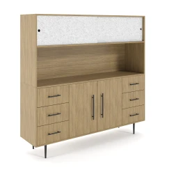 Rhett, Hutch with Sliding Doors paired with Credenza with Drawers and Center Doors, 36 Inch, 3/4 View