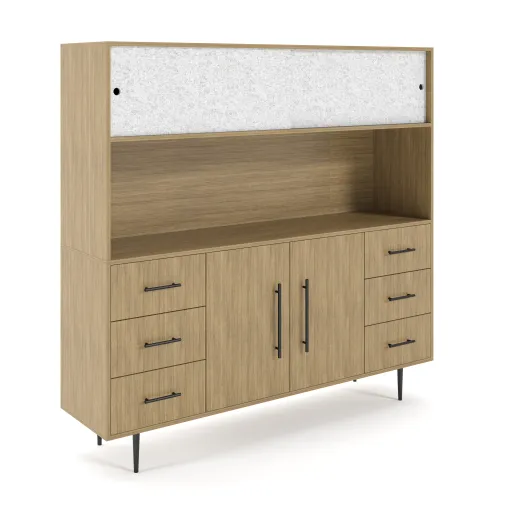 Rhett, Hutch with Sliding Doors paired with Credenza with Drawers and Center Doors, 36 Inch, 3/4 View