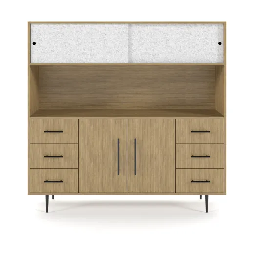 Rhett, Hutch with Sliding Doors paired with Credenza with Drawers and Center Doors, 36 Inch, Front View