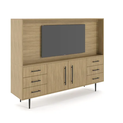 Rhett, Hutch for Media (PET) paired with Credenza with Doors, 29 Inch, 3/4 View