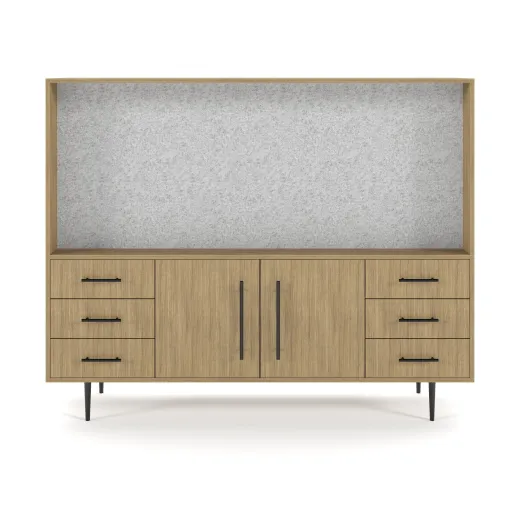 Rhett, Hutch for Media (PET) paired with Credenza with Drawers and Center Doors, 29 Inch, Front View