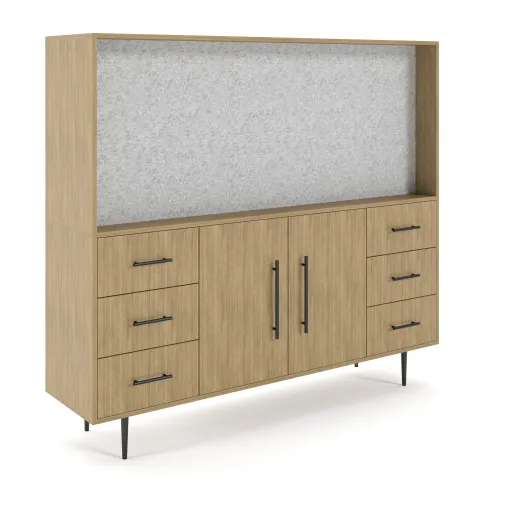 Rhett, Hutch for Media (PET) paired with Credenza with Drawers and Center Doors, 36 Inch, 3/4 View