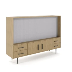 Rhett, Hutch for Media (Tackboard) paired with Credenza with Drawers and Center Doors, 22 Inch, 3/4 View