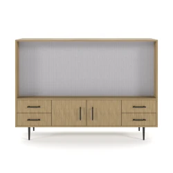 Rhett, Hutch for Media (Tackboard) paired with Credenza with Drawers and Center Doors, 22 Inch, Front View