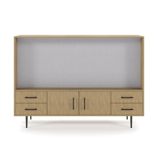 Rhett, Hutch for Media (Tackboard) paired with Credenza with Drawers and Center Doors, 22 Inch, Front View