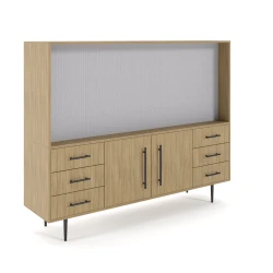 Rhett, Hutch for Media (Tackboard) paired with Credenza with Drawers and Center Doors, 29 Inch, 3/4 View