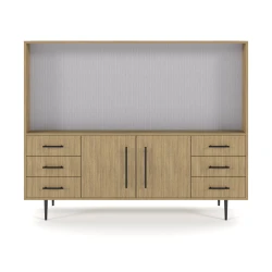 Rhett, Hutch for Media (Tackboard) paired with Credenza with Drawers and Center Doors, 29 Inch, Front View